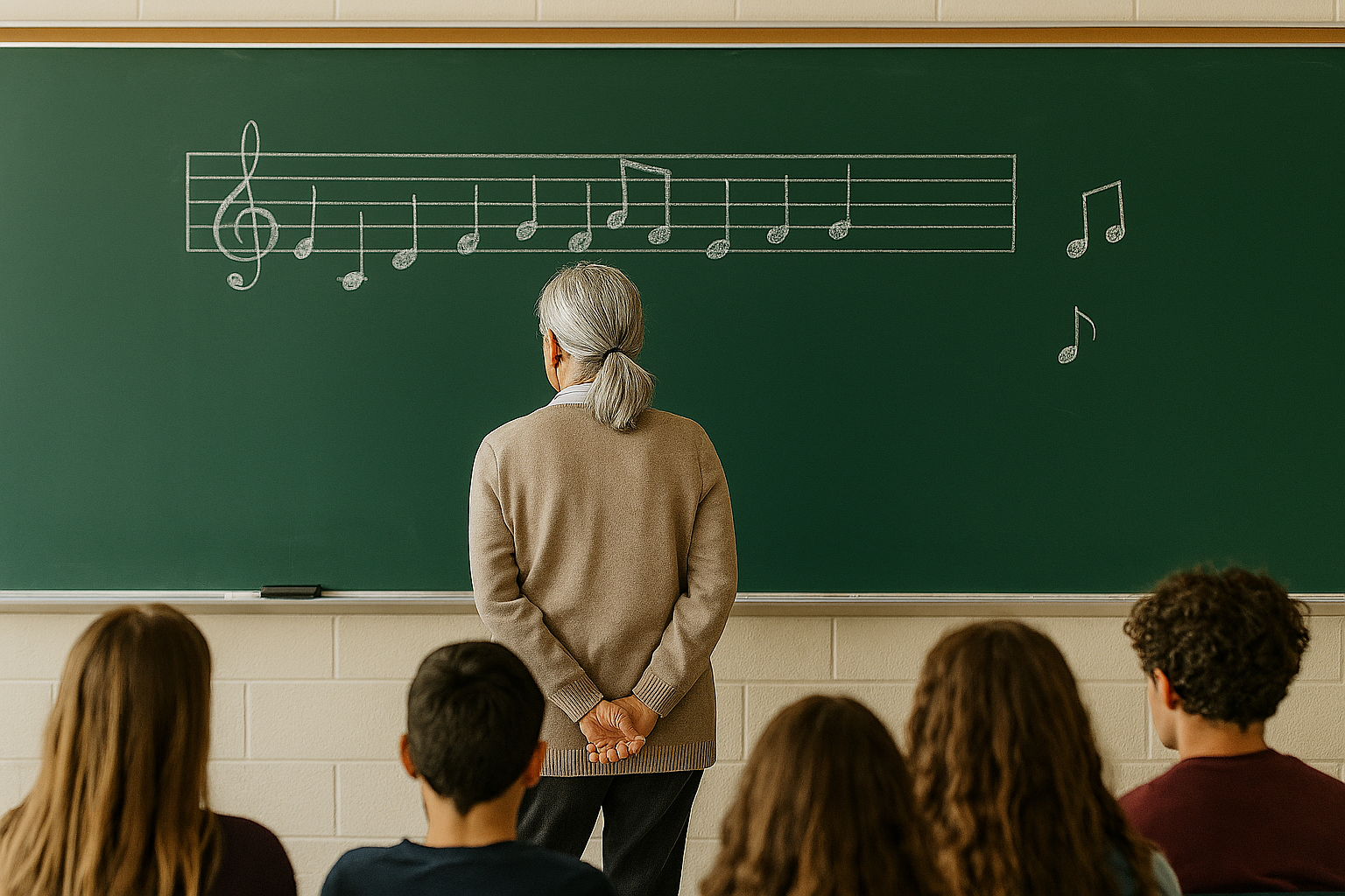 Une professeure de musique dans un collège vue de dos cheveux gris attachés face à un tableau couvert de notes de musique (Illustration) © FHI 2025