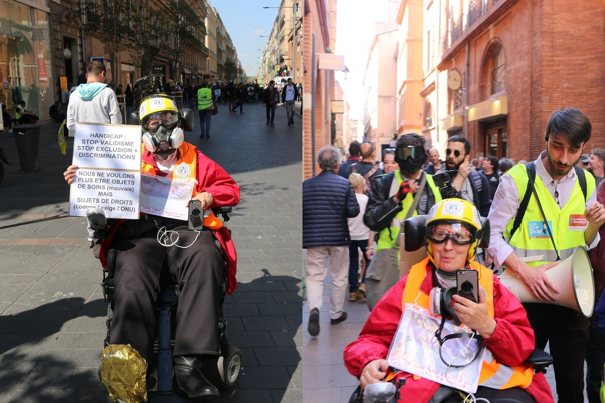 La présidente de l'association Handi-social 31 lors de la dernière manifestation des gilets a Toulouse le 20 avril 2019 7f93b