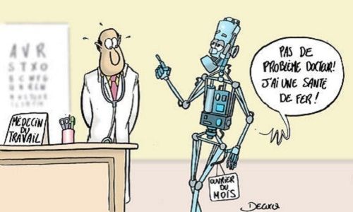 Un médecin du travail voyant un homme sous l'apparence d'un robot en fer (Illustration)