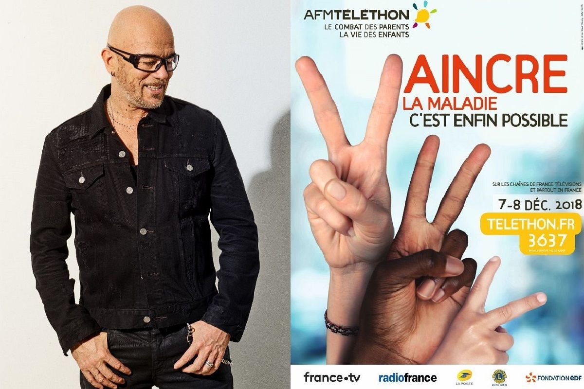 Pascal OBISPO Parrain de ledition 2018 du Telethon avec a droite laffiche 2018 intitule Vaincre la maladie cest enfin possible