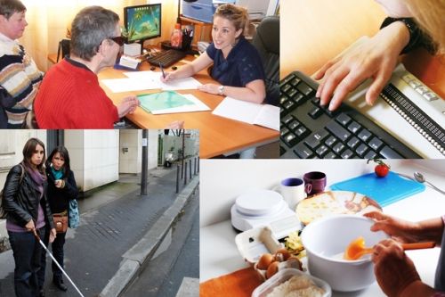 l'accompagnement d'une personnes déficiente visuelle, dans les actes de la vie de tous les jours comme ici en exemple sur cette image (nourriture, sortie, administration, informatique)