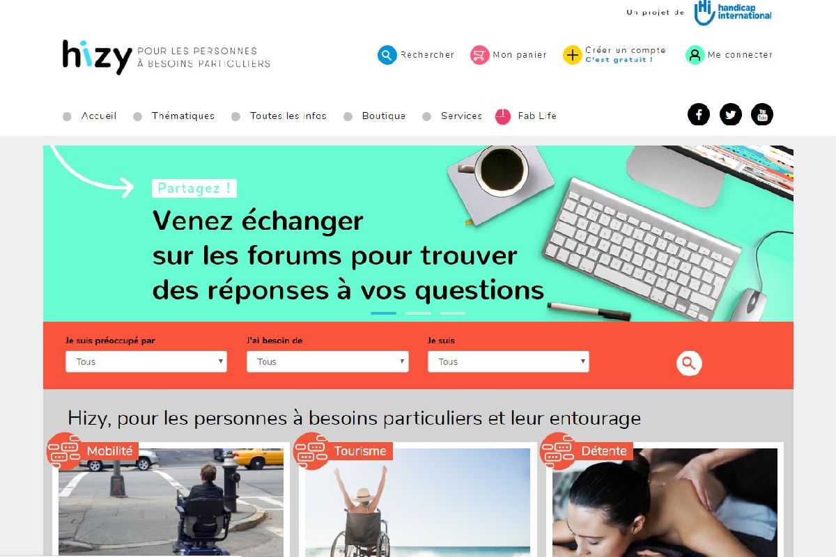 Page d'accueil du site Hizy.org mise en place par Handicap International