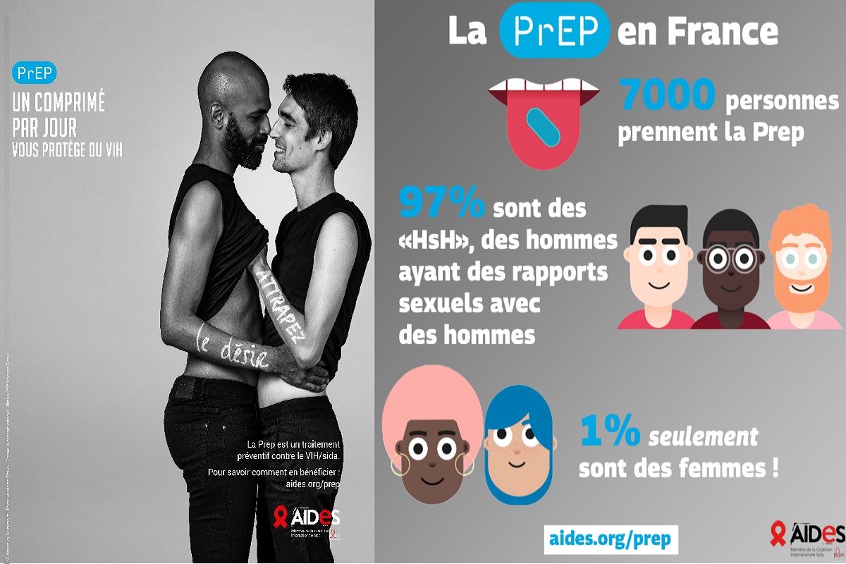 A gauche une des trois affiches de la campagne avec infographie expliquant la PrEP