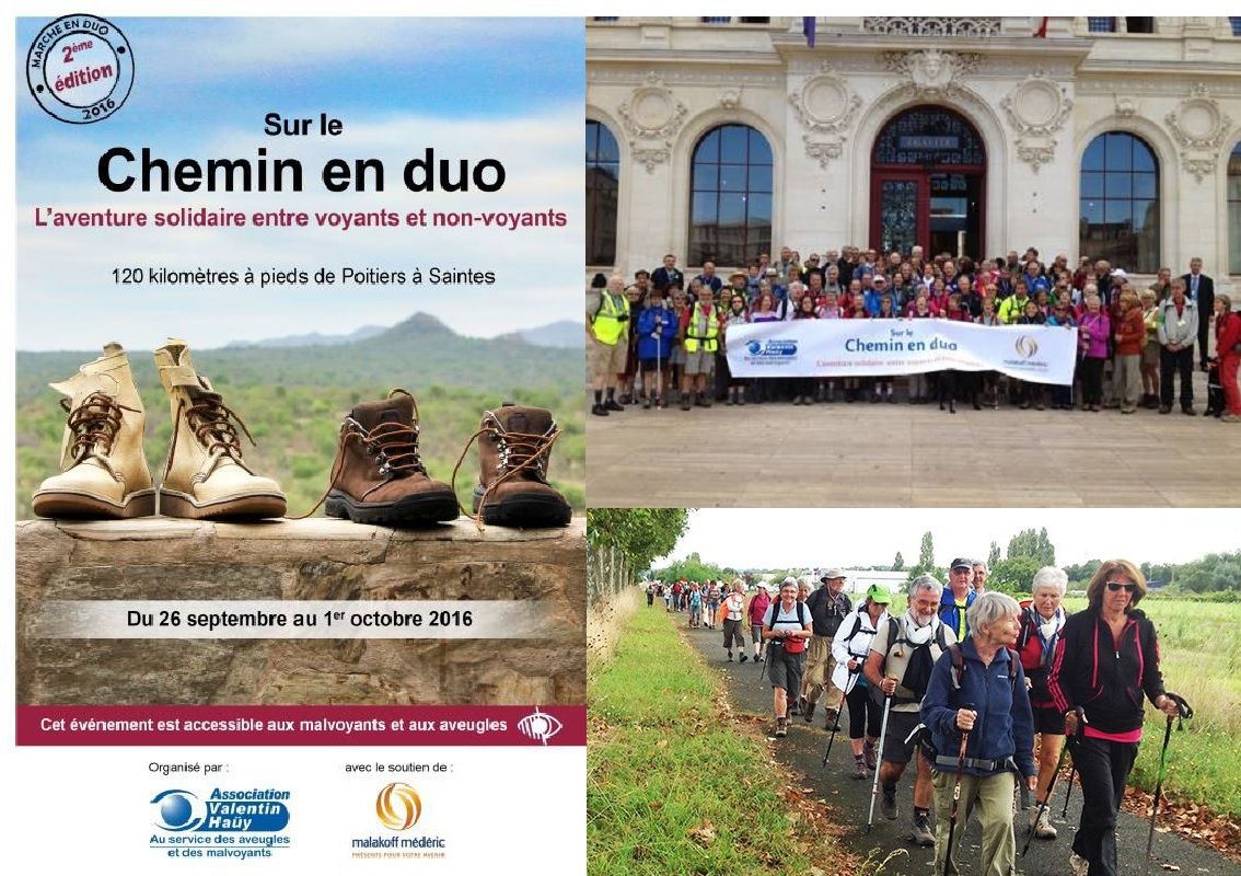 Affiche des chemins en Duo edition 2016 et photo de depart devant l hotel de ville