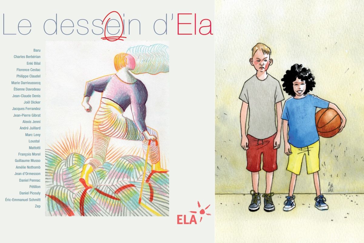 Couverture du livre Le dessein d Ela avec a droite un des dessins illustrant le livre