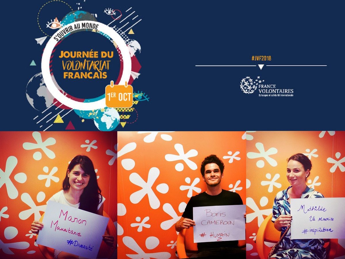 Le Bandeau de la journée française du volontariat En bas : trois jeunes Manon Boris et Mathilde chacun investies dans leur mission