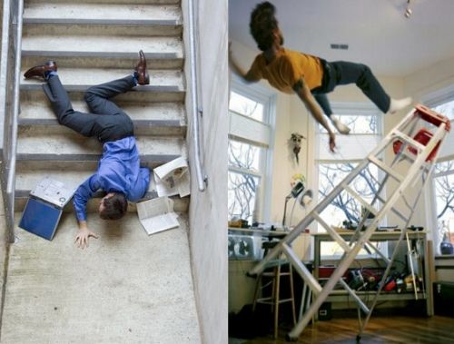 Accident de la vie arrive plus vite que l'on l'imagine, ici successivement deux homme tombant d'un escaliers en béton et un autre d'un escabeau a l’intérieur de son domicile